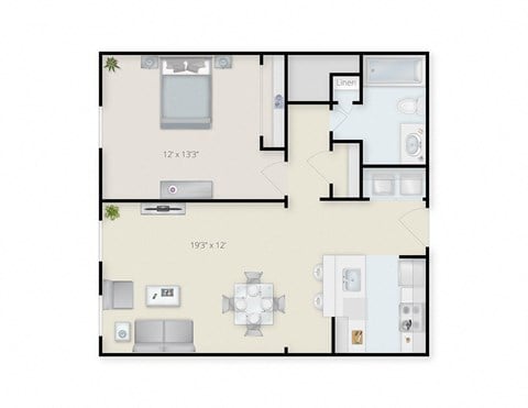 Floor plan for 1 bed, 1 bath, 604 sqft